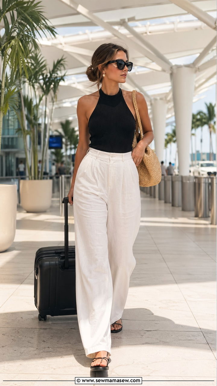 Halter Neck Top and Wide Leg Linen Trousers - 40 Airport outfit ideas
