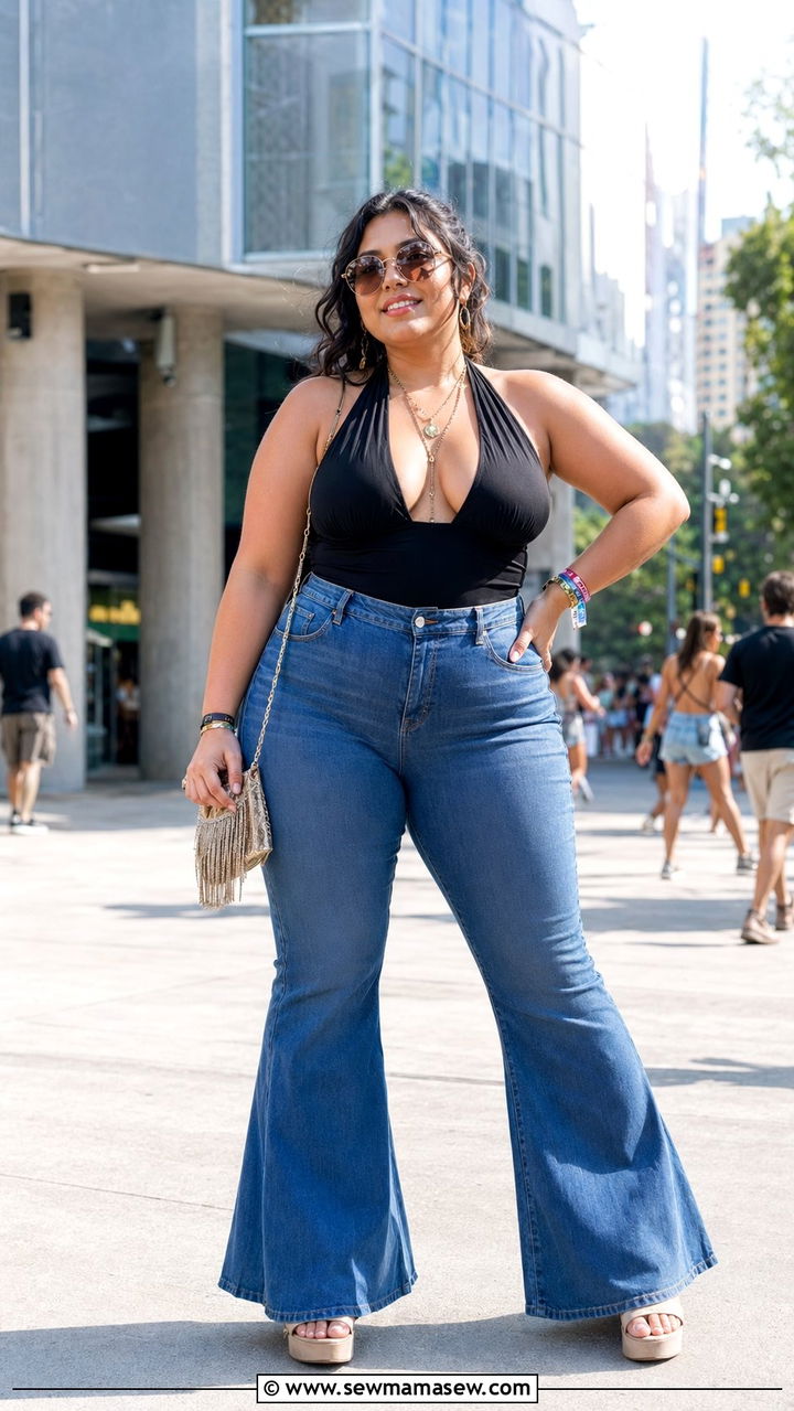 Halter Neck Top with Flared Jeans Outfit - 30 Best tops for plus size