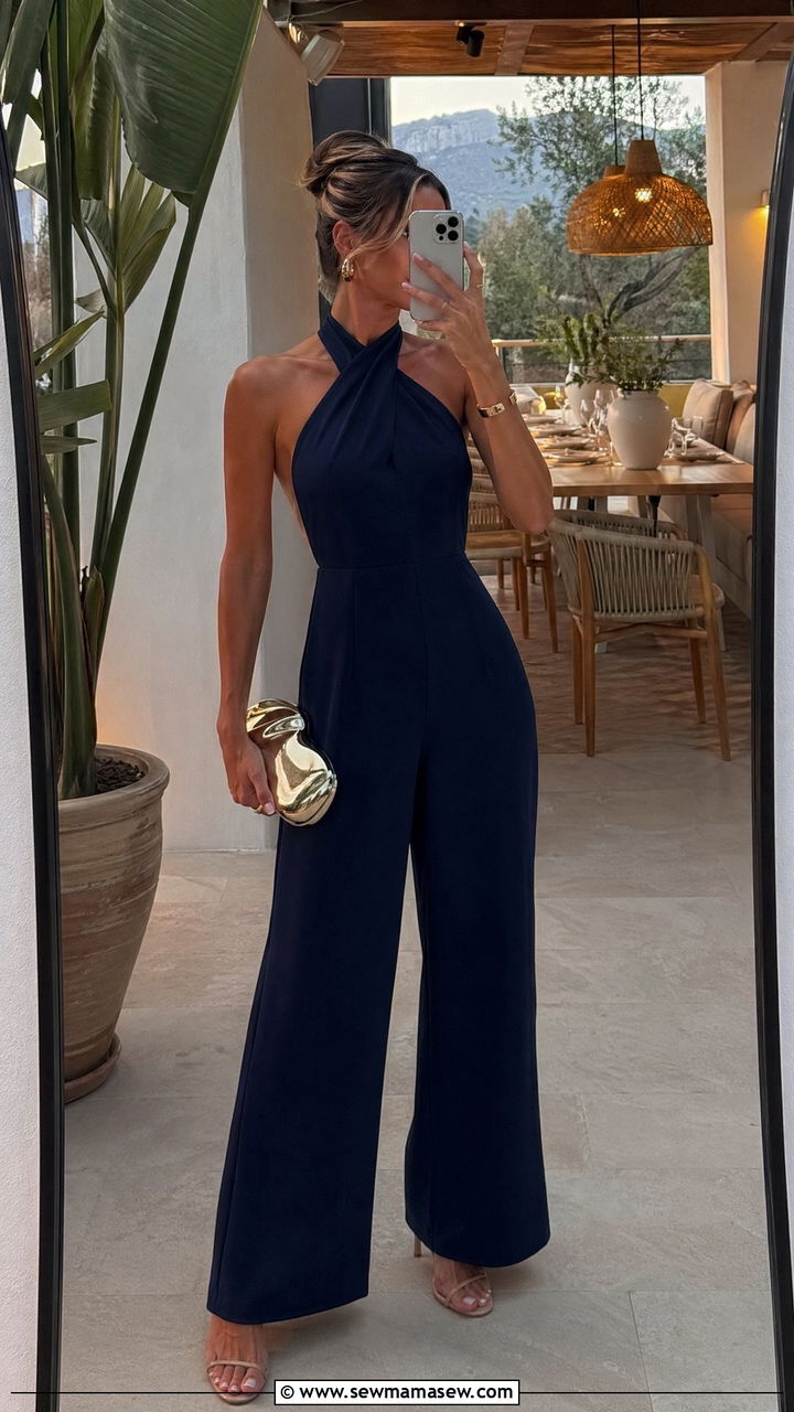 Halter Neck Wide Leg Jumpsuit with Clutch Bag - 35 Wide leg jumpsuit outfit ideas