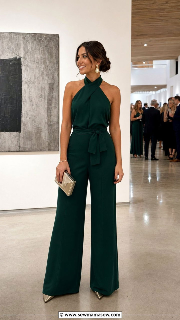 Halter Neck Wide Leg Pantsuit Wedding Guest Outfit - 30 Wedding guest outfits for pear shape