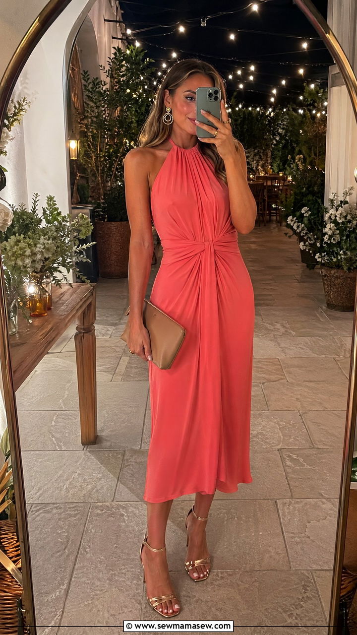 Halter dress with strappy heeled sandals - 35 Casual wedding guest outfit ideas