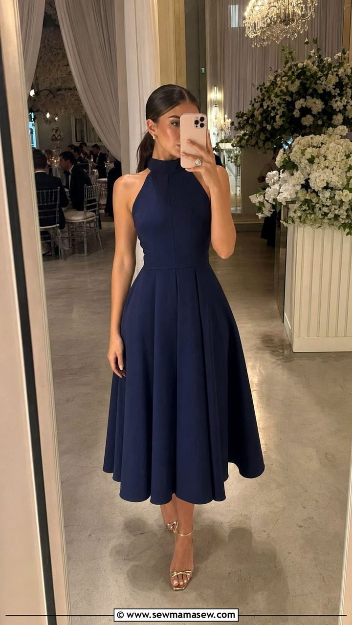 Halter neck A line dress with strappy metallic sandals - 30 wedding guest outfits for pear shaped body