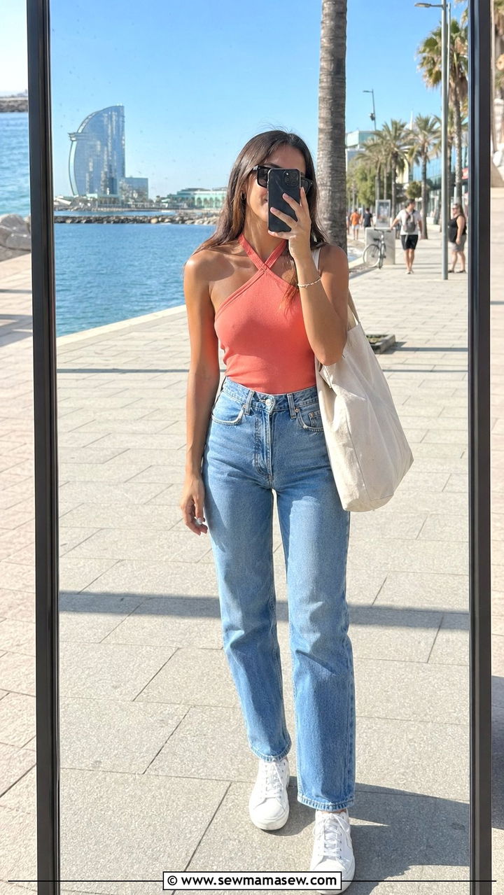 Halter neck top and straight leg jeans outfit Barcelona - 30 Barcelona vacation outfit ideas