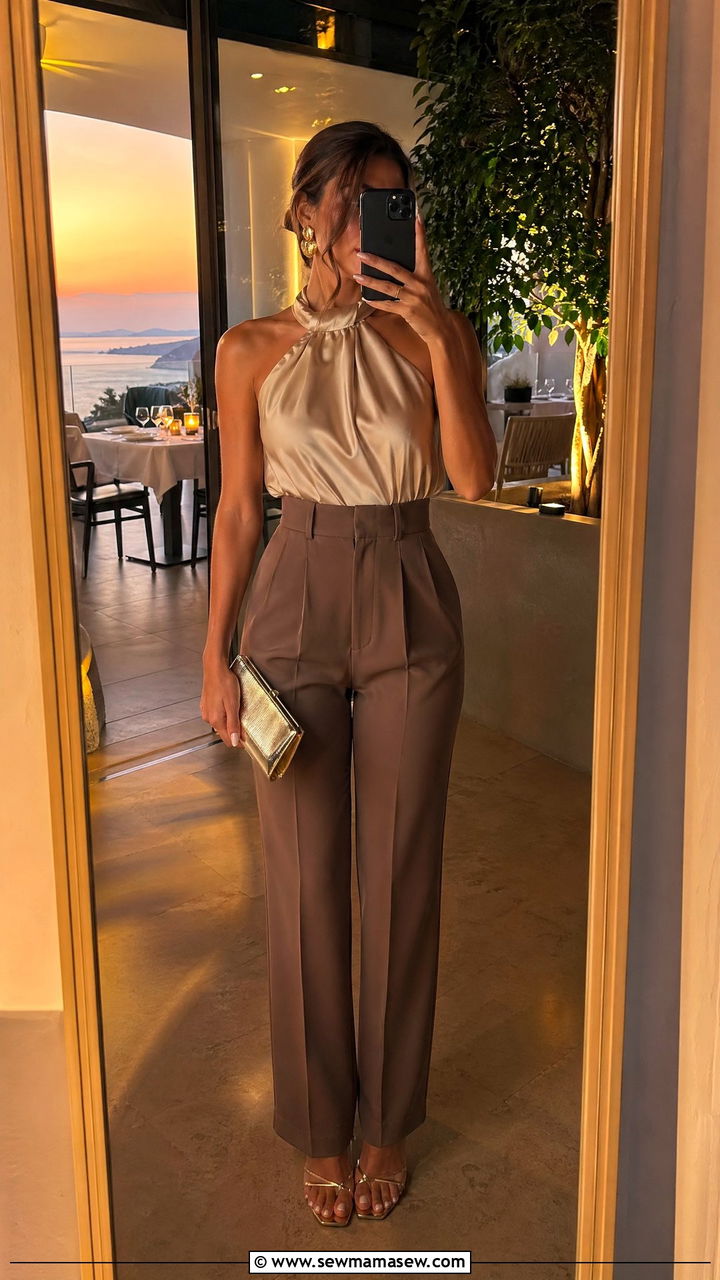 Halter neck top with high waist trousers - 35 Trendy summer outfits
