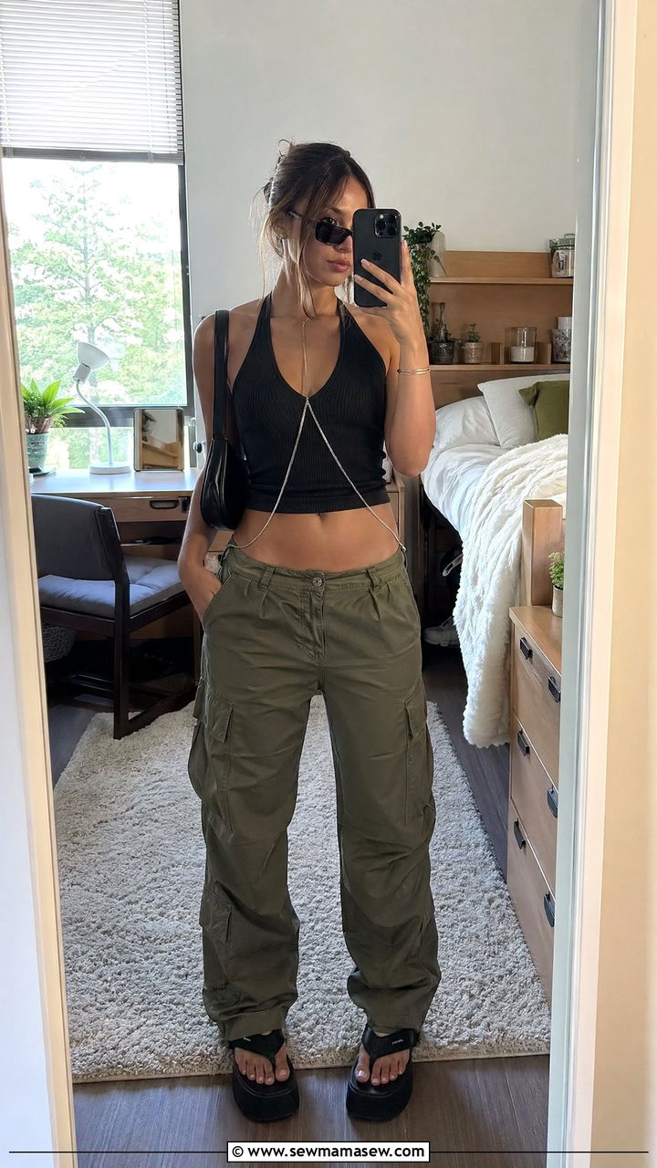 Halter top and low rise cargo pants outfit - 35 College campus outfit ideas