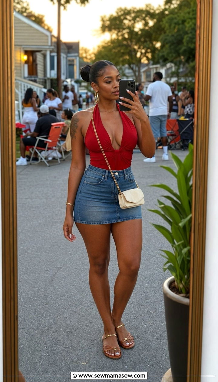 Halter top with a high waisted mini skirt - 30 Block party outfit ideas