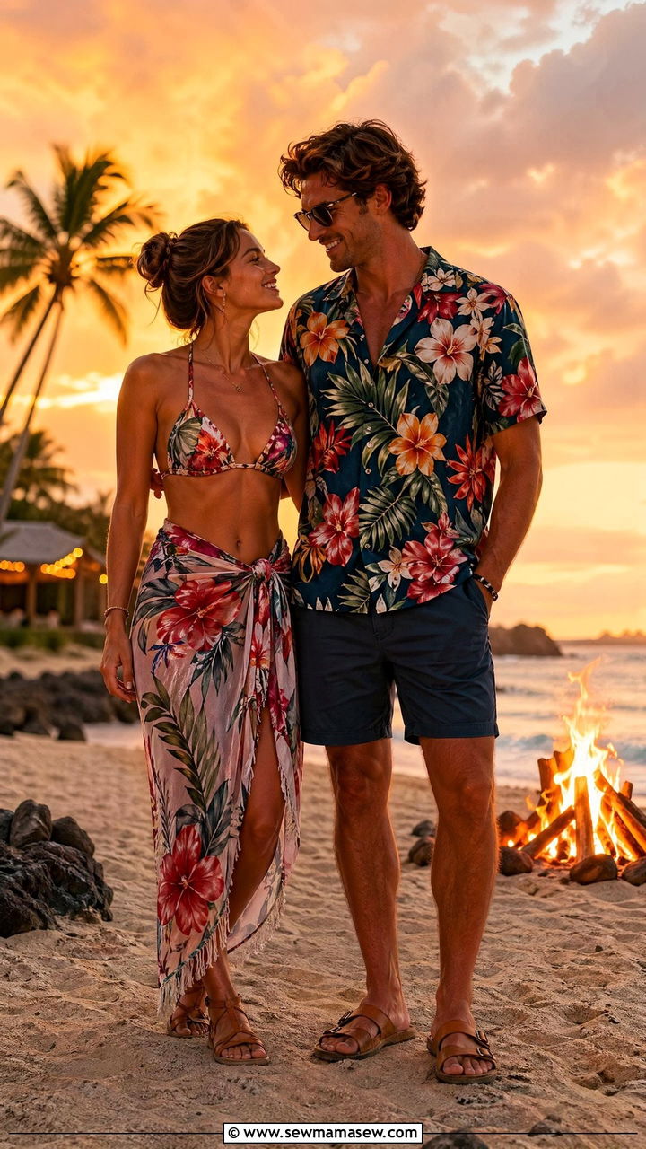 Hawaiian shirt and sarong couple look - 35 Summer matching outfits for couples