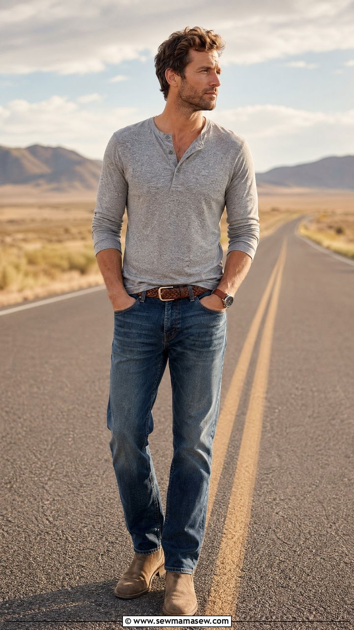 Henley Shirt with Straight Leg Jeans and Desert Boots - 35 casual straight leg jeans outfits