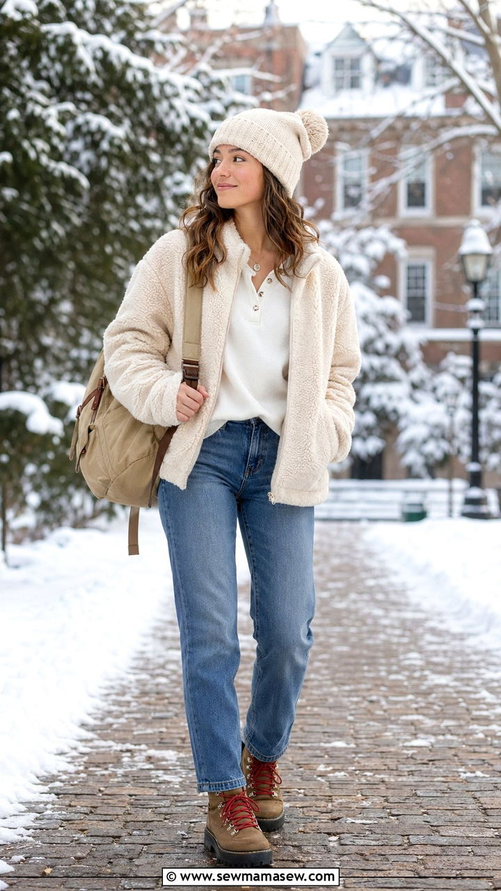 Henley Tee and Sherpa Jacket Outfit - 30 back to school outfits aesthetic