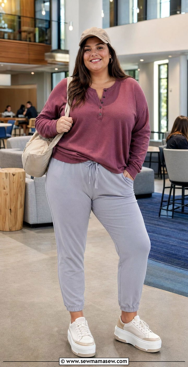 Henley Top With Tapered Joggers And Platform Sneakers - 30 Back to school outfit ideas plus size college