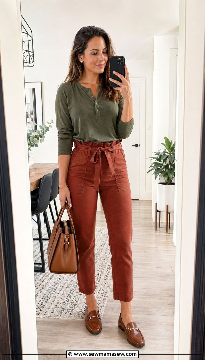 Henley Top and Paperbag Waist Jeans with Loafers Outfit - 35 mom outfit ideas