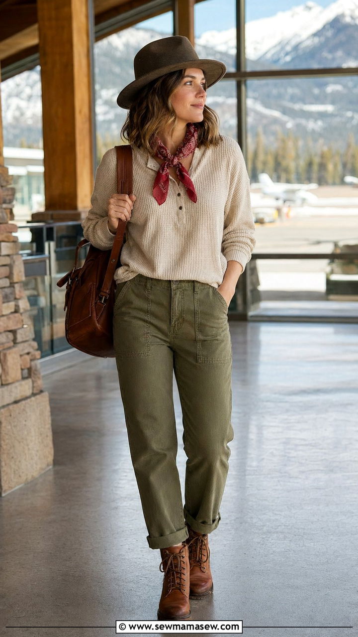 Henley and utility pants with a cotton neckerchief - 30 Airport outfit ideas with a scarf