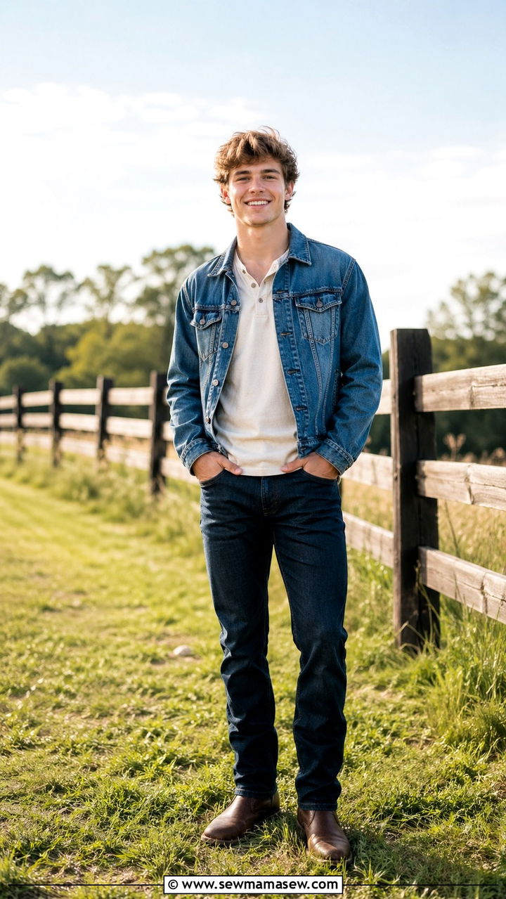 Henley shirt with denim jacket senior pictures - 30 Senior portrait outfit ideas guys