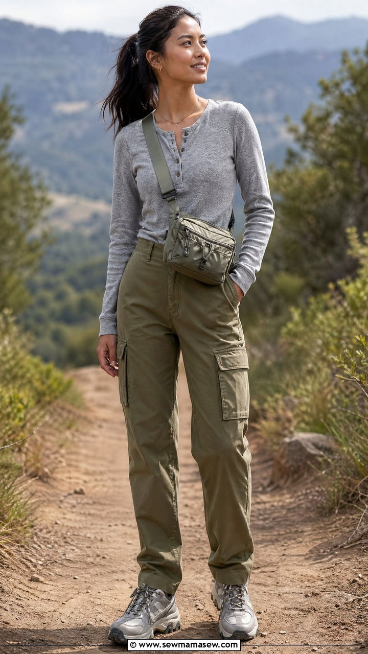 Henley tee cargo pants and utility crossbody bag - 35 Crossbody bag outfit ideas