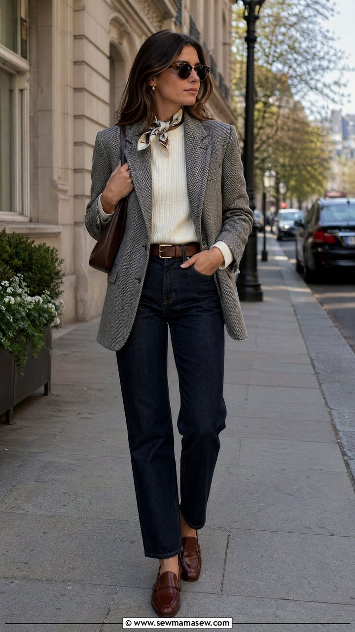 Herringbone Blazer With Dark Denim And Cream Knit - 35 spring old money outfits