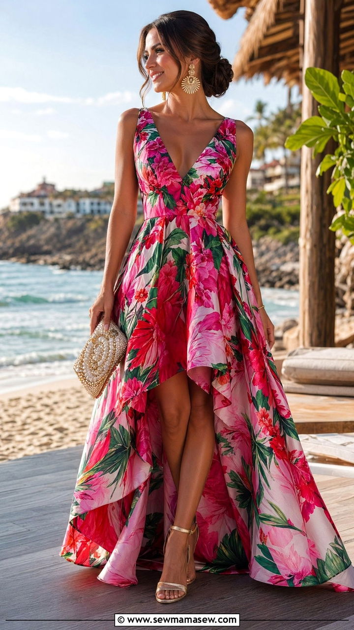 High Low Hem Dress with Statement Clutch - 30 what to wear to a summer wedding guest