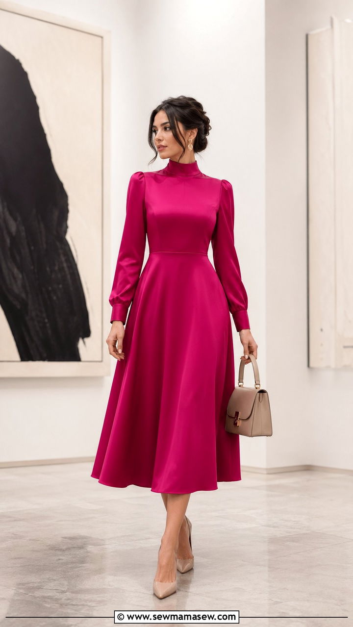 High Neck A Line Midi Dress With Pumps - 35 Modest outfit ideas for wedding guest