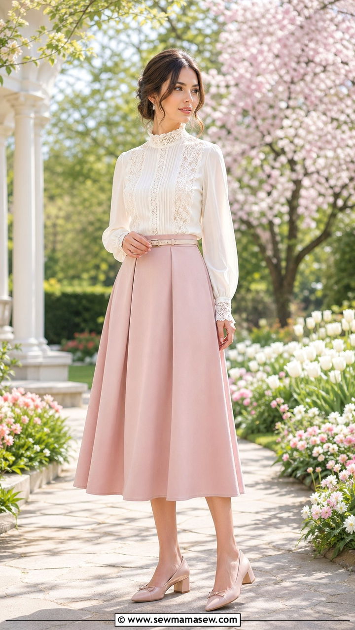 High Neck Blouse with A Line Skirt - 30 spring modest outfit ideas