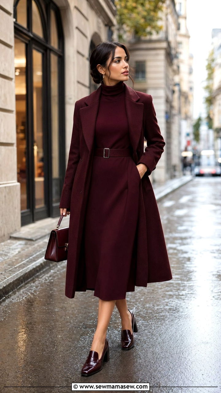 High Neck Dress with Belted Coat - 30 Wedding guest outfits for rainy weather