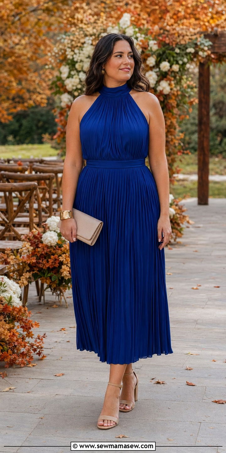 High Neck Halter Dress with Open Toe Heels for Midsize Wedding Guest - 30 Wedding guest outfits for midsize women