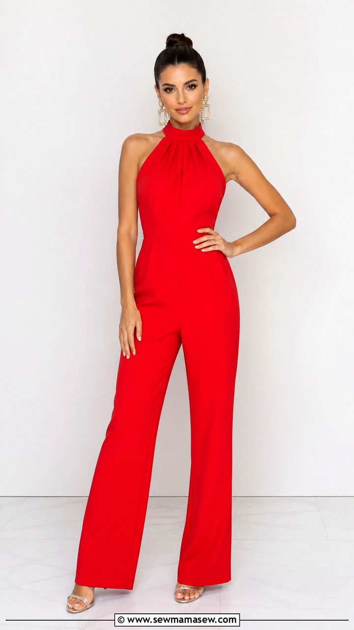 High Neck Halter Jumpsuit With Statement Earrings Smash Outfit - 30 Smash the cake outfit ideas