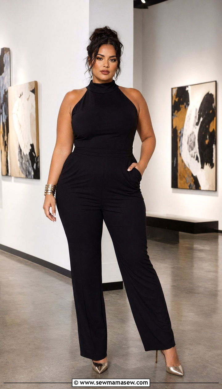 High Neck Jumpsuit With Cuff Bracelets - 30 Birthday outfit ideas plus size