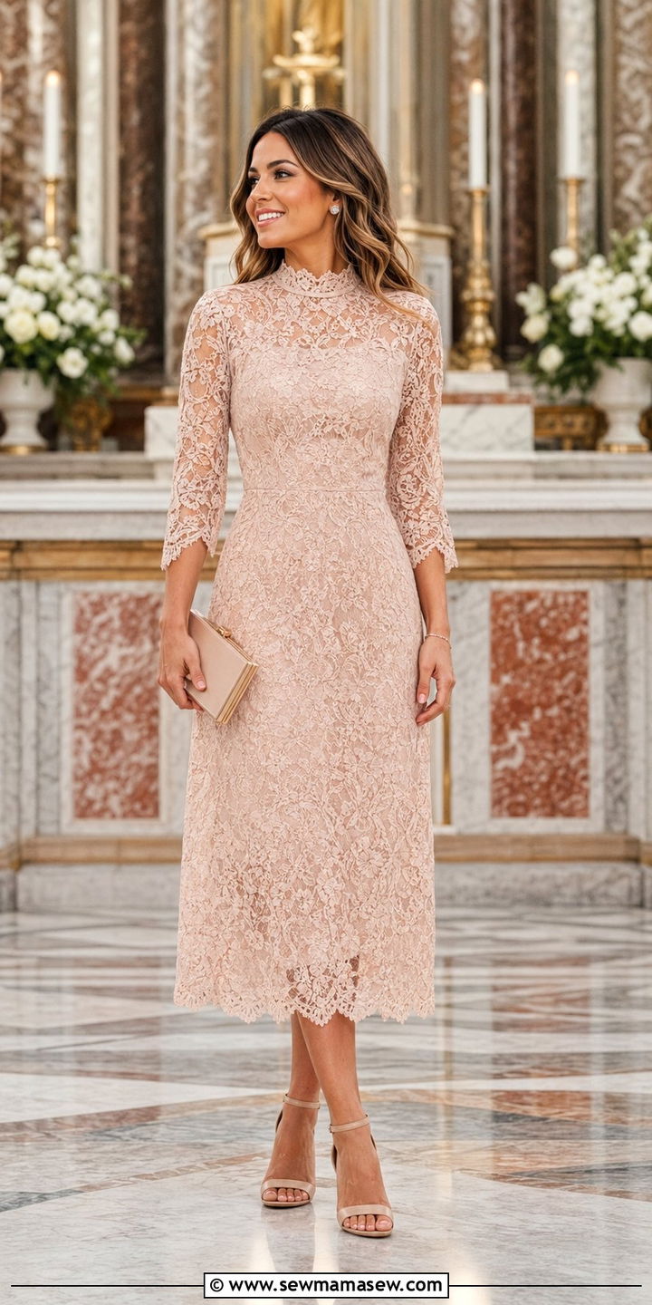 High Neck Lace Midi Dress With Heeled Sandals - 35 Petite outfit ideas for wedding guest