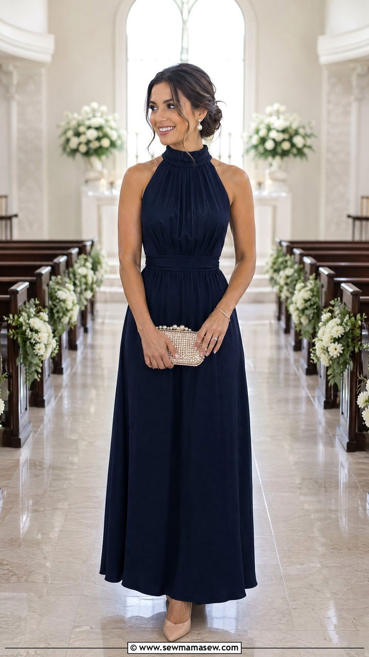 High Neck Maxi Dress With Pearl Accessories Petite Wedding Guest Outfit - 35 Wedding guest outfits for petite women