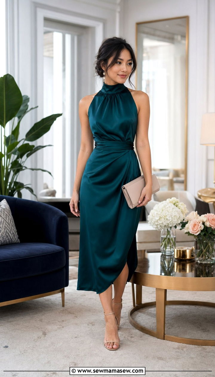 High Neck Midi Dress with Strappy Heels and Clutch - 35 Outfit ideas for short women