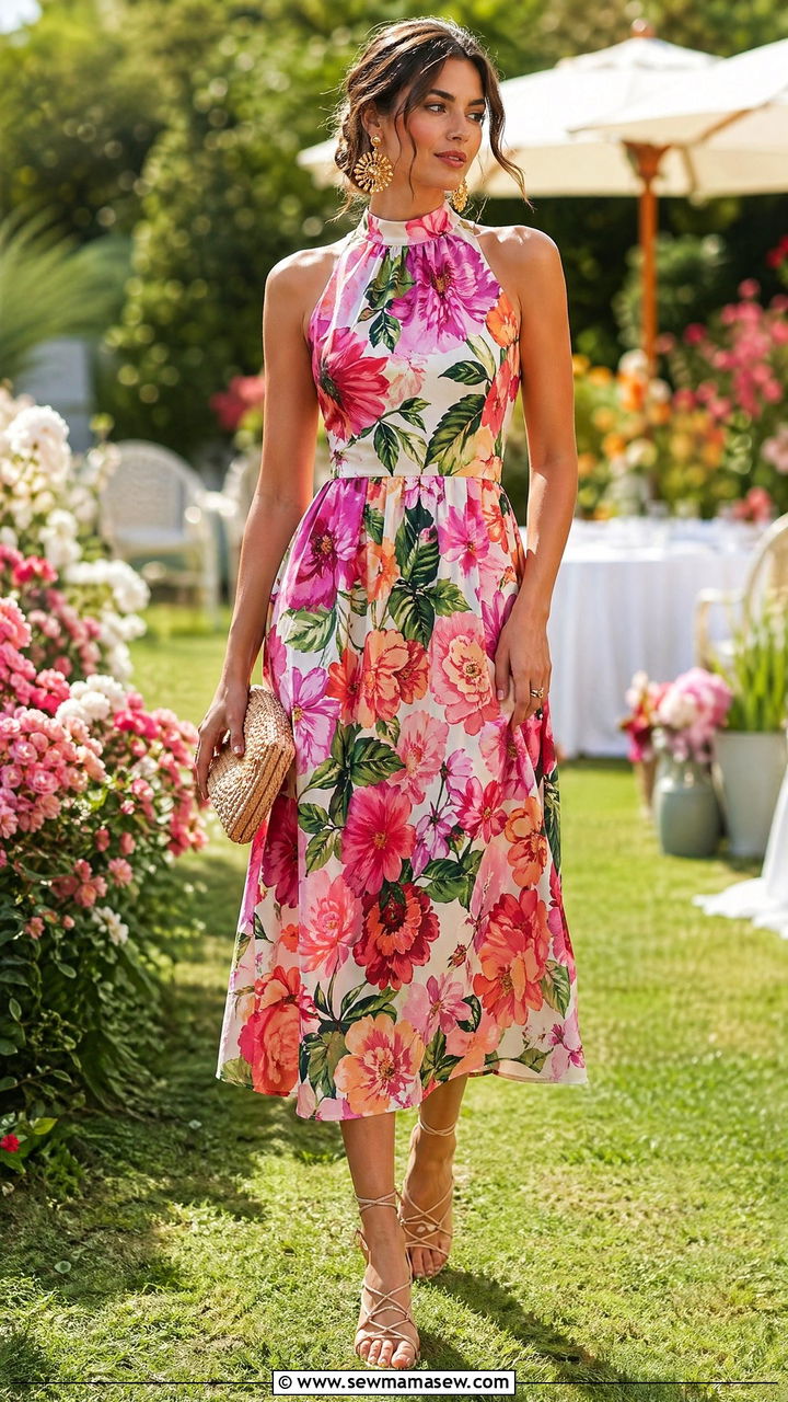 High Neck Midi Dress with Woven Clutch - 35 Spring garden party outfit ideas