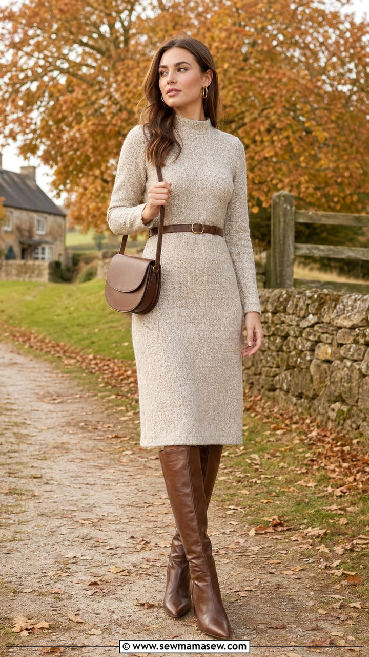 High Neck Tweed Midi Dress with Knee Boots - 35 Modest outfit ideas old money