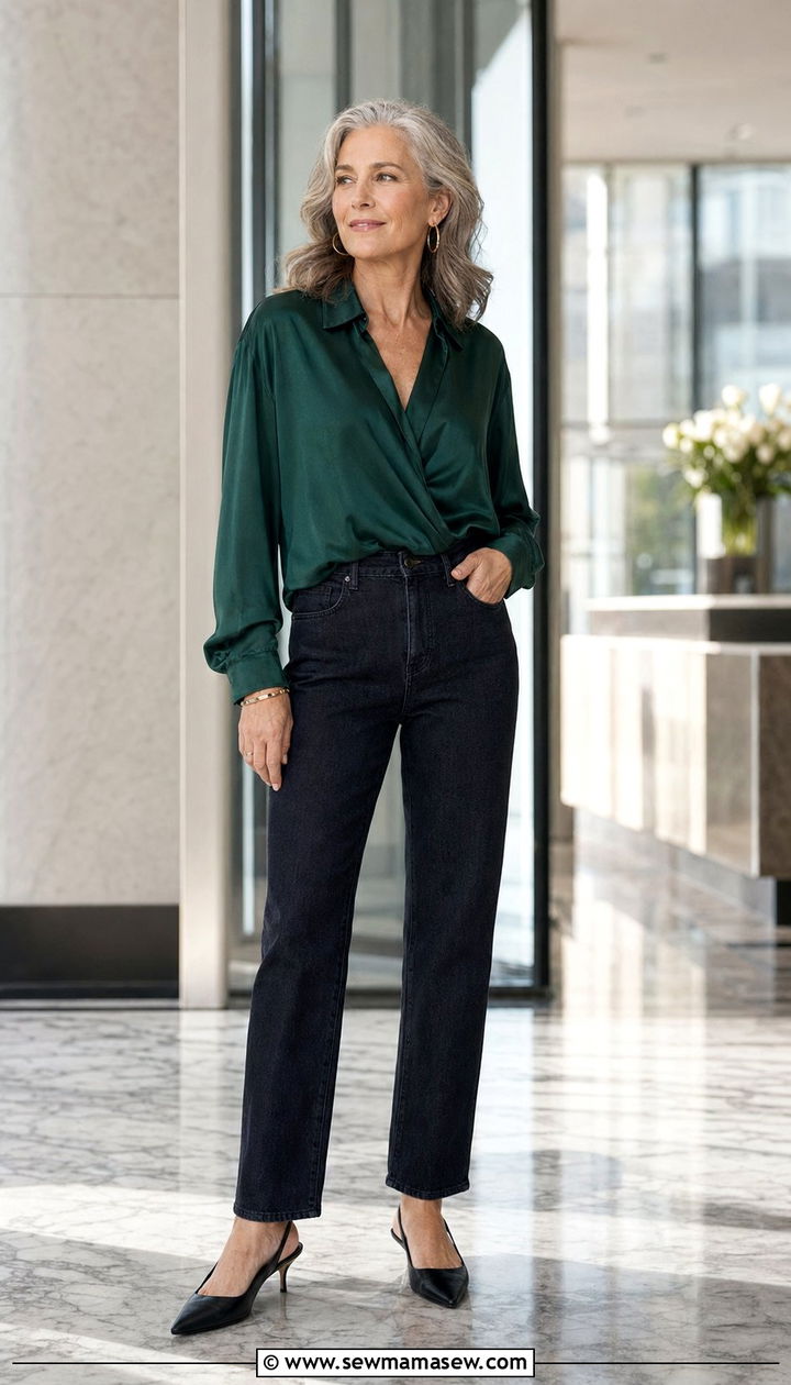 High Rise Straight Jeans With Silk Blouse And Kitten Heels - 30 Best jeans for women over 50