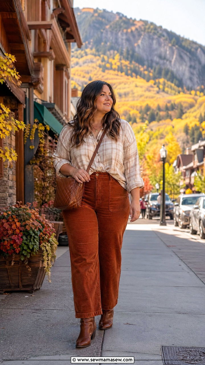 High Waist Corduroy Pants with Soft Flannel Shirt - 35 Travel outfits for curvy women