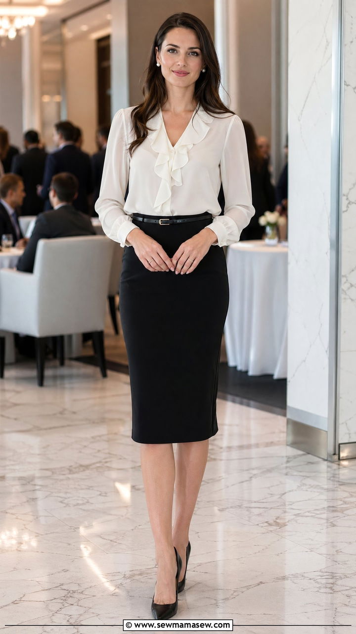 High Waist Pencil Skirt with Ruffled Blouse - 35 Corporate event outfit ideas