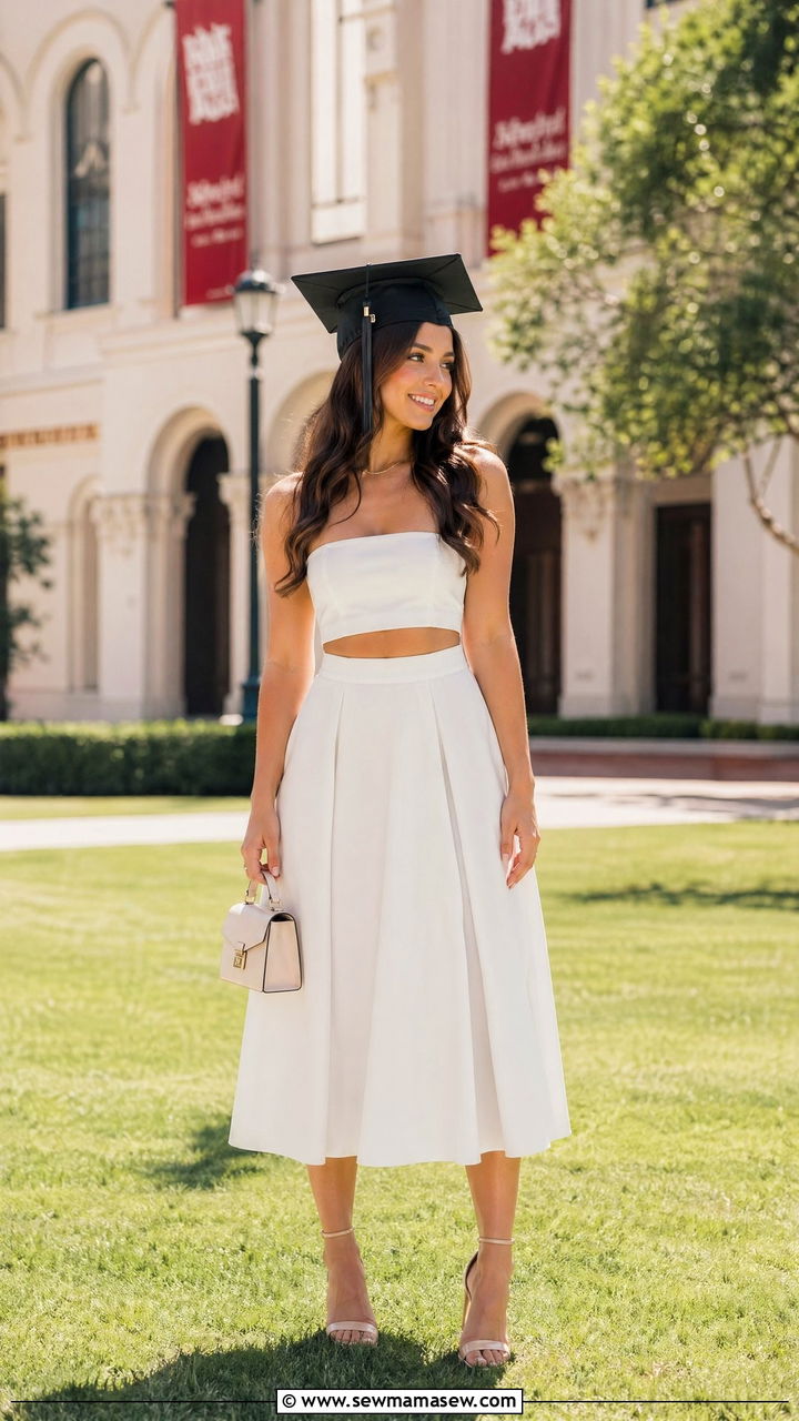High Waist Skirt and Crop Top With Heeled Sandals - 35 College graduation outfit ideas