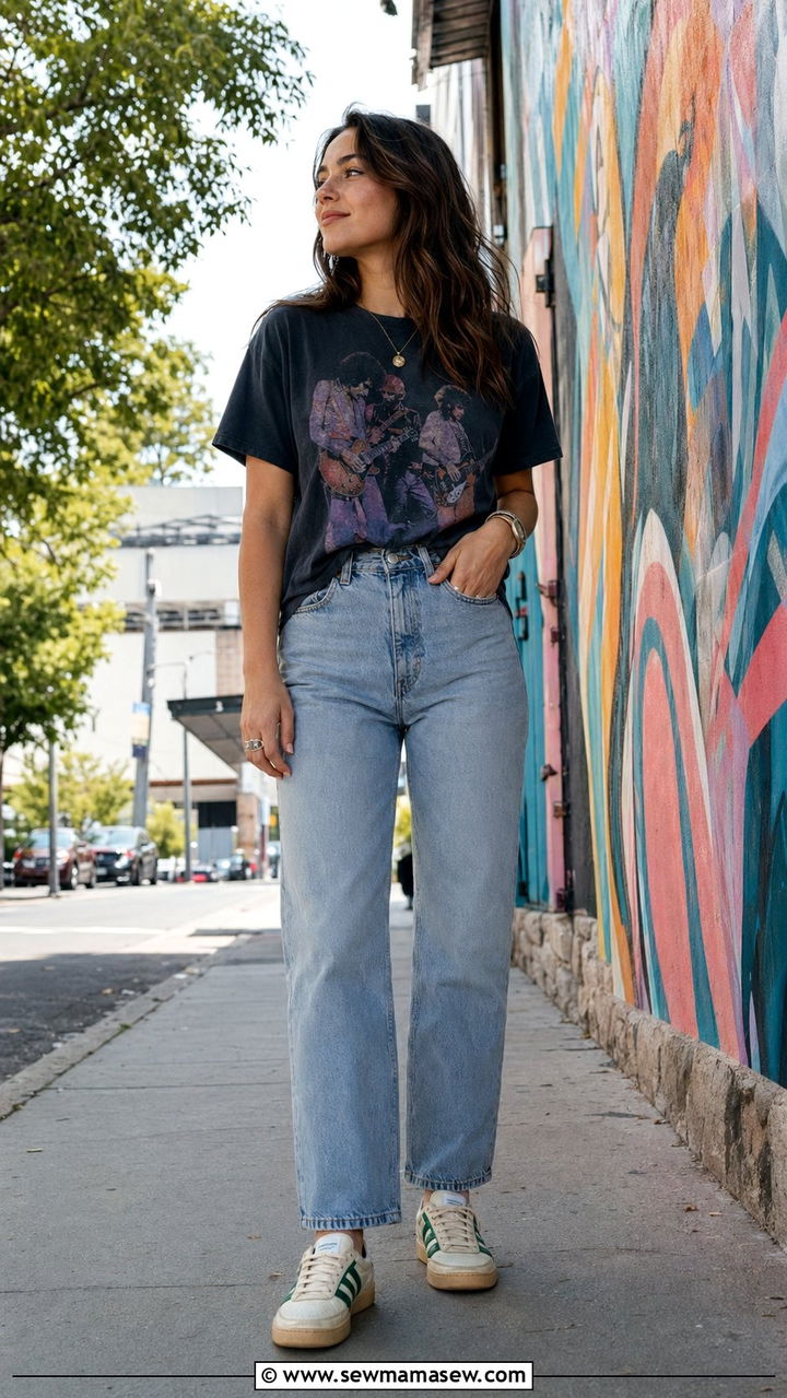 High Waist Straight Jeans With a Vintage Band Tee and Retro Sneakers - 30 Austin outfit ideas