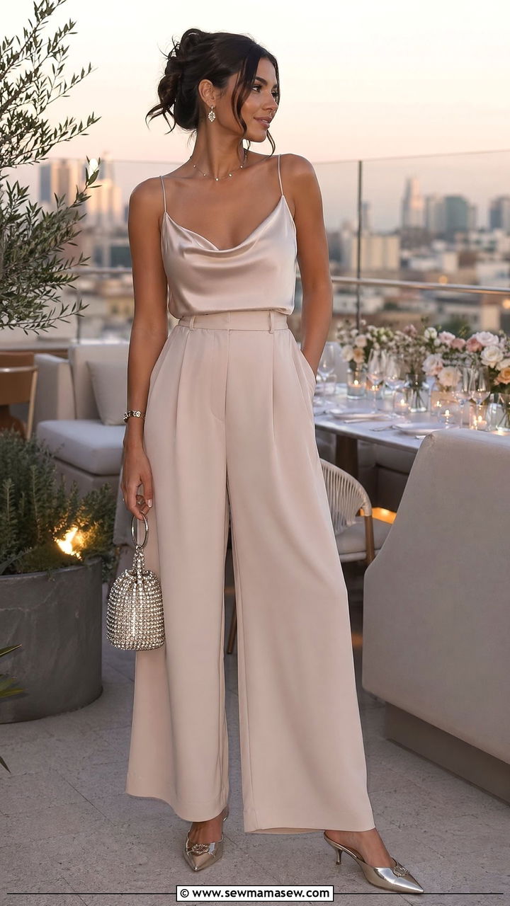 High Waist Tailored Trousers With A Silk Camisole And Kitten Heel Mules - 35 Spring weekend getaway outfits
