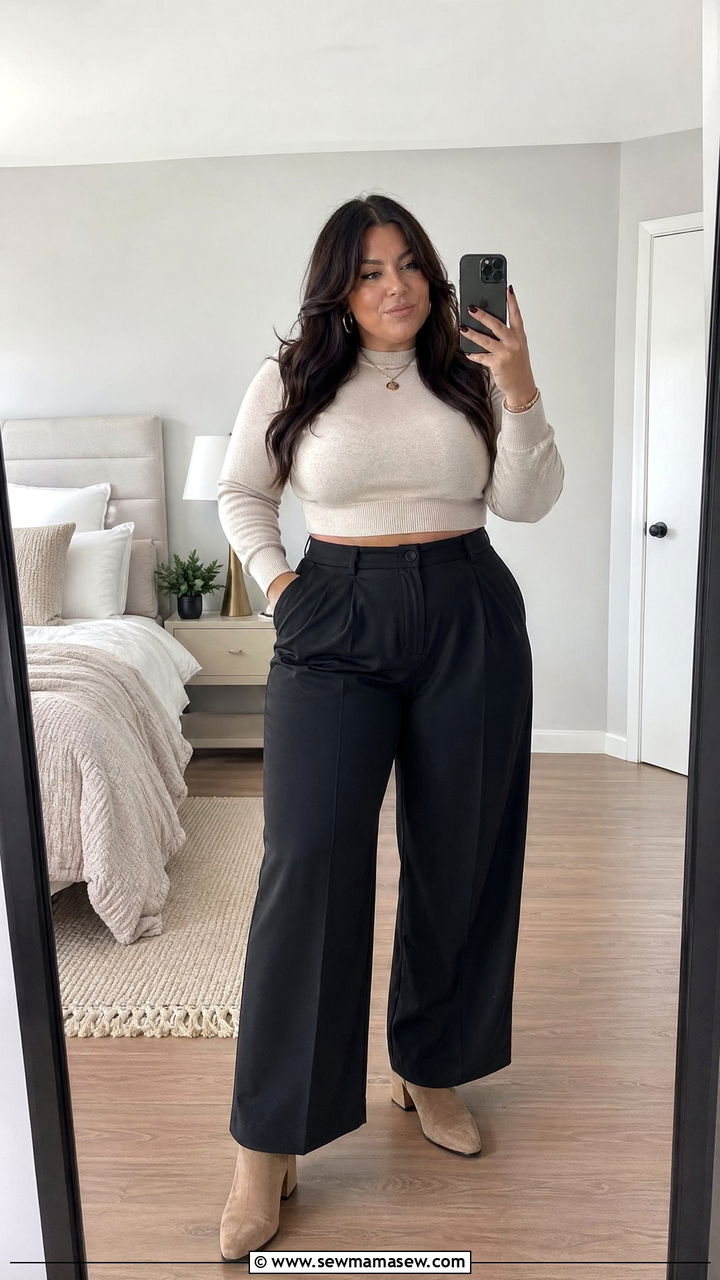High Waist Trousers And Cropped Sweater Outfit - 35 work outfits for plus size women