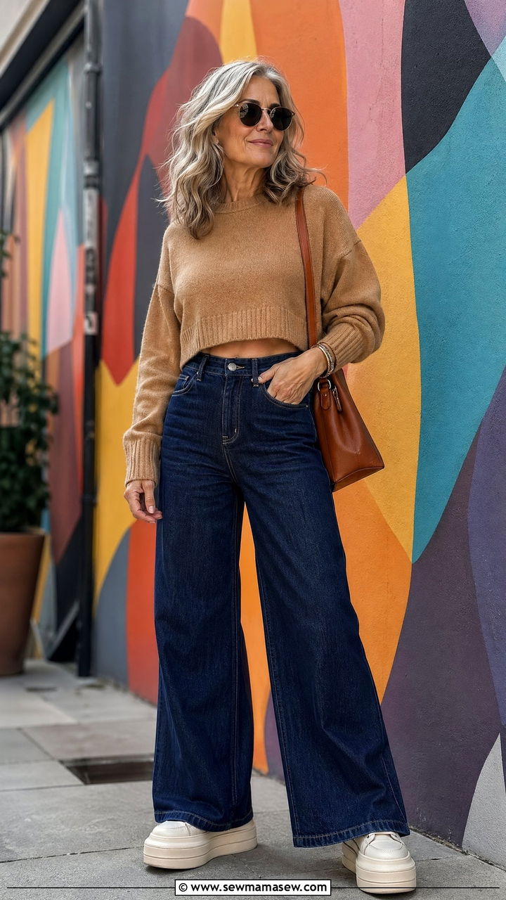 High Waist Wide Leg Jeans With A Cropped Sweater Outfit For Women Over 50 - 35 Casual outfits for women over 50