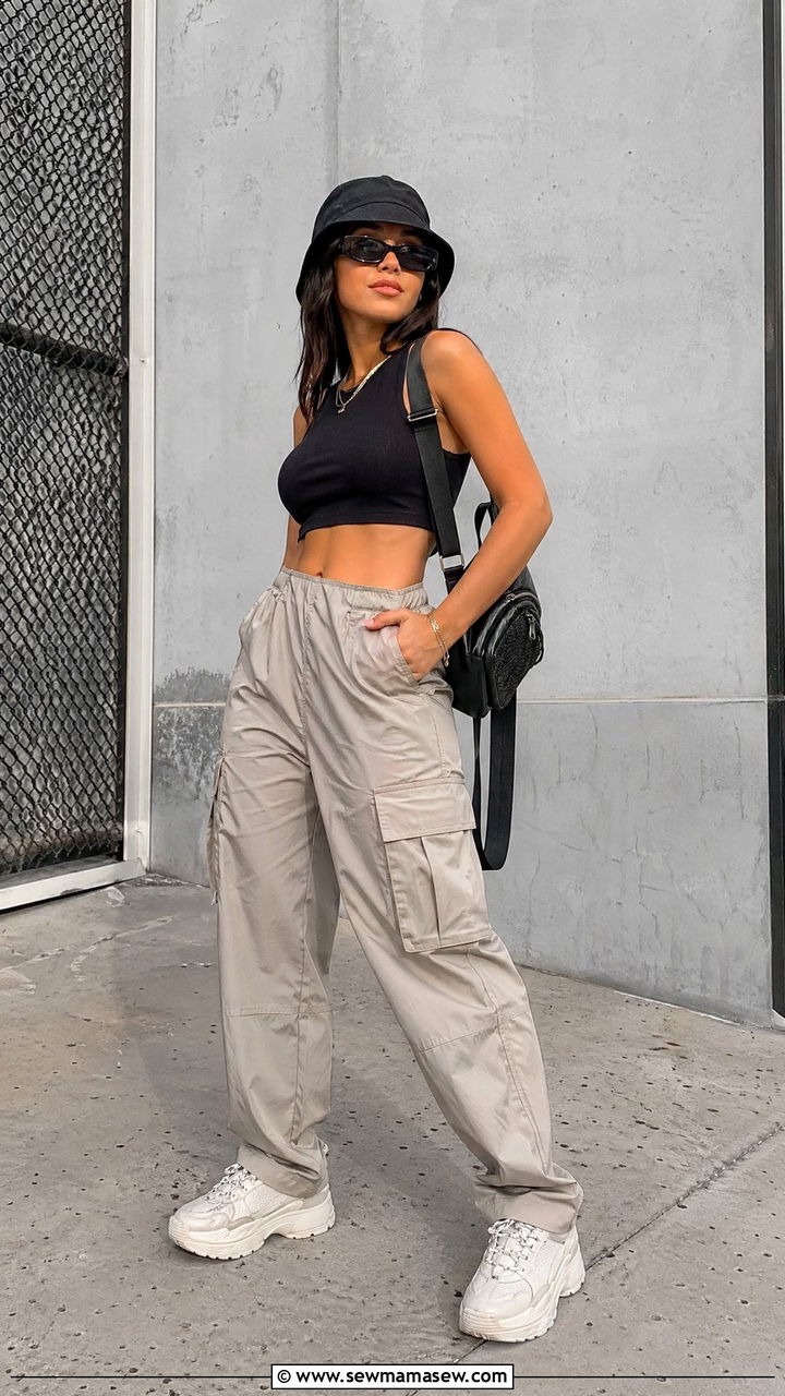 High Waisted Cargo Pants With a Crop Top and Dad Sneakers - 35 what to wear to a concert