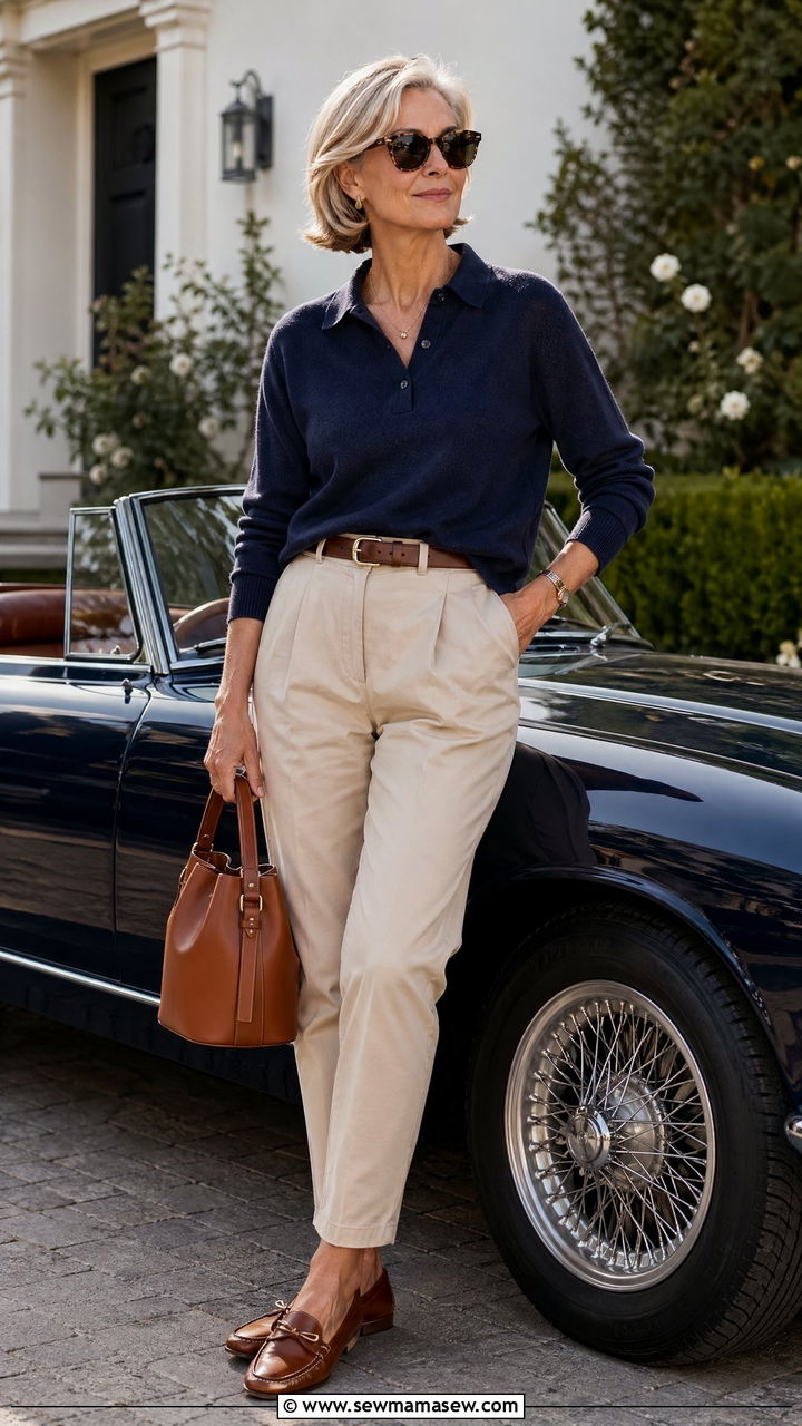 High Waisted Chinos With A Polo Sweater Outfit For Women Over 50 - 35 Casual outfits for women over 50