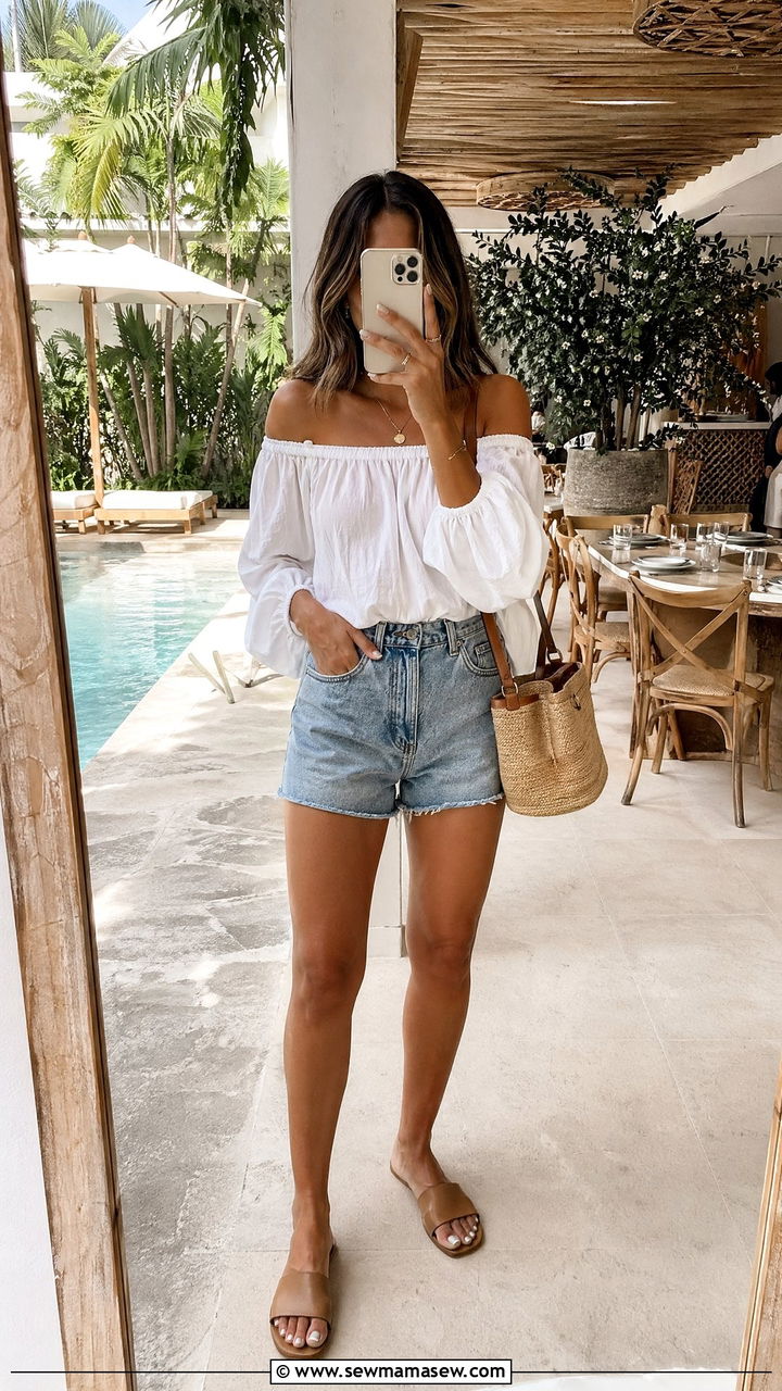 High Waisted Denim Shorts with an Off Shoulder Blouse - 35 Summer brunch outfits