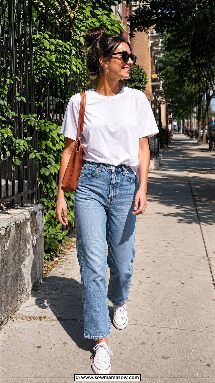 High Waisted Jeans Outfit With White Tee And Converse - 35 Trendy spring outfits