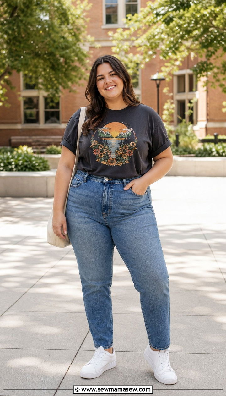 High Waisted Jeans With Graphic Tee And White Sneakers - 30 Back to school outfit ideas plus size college