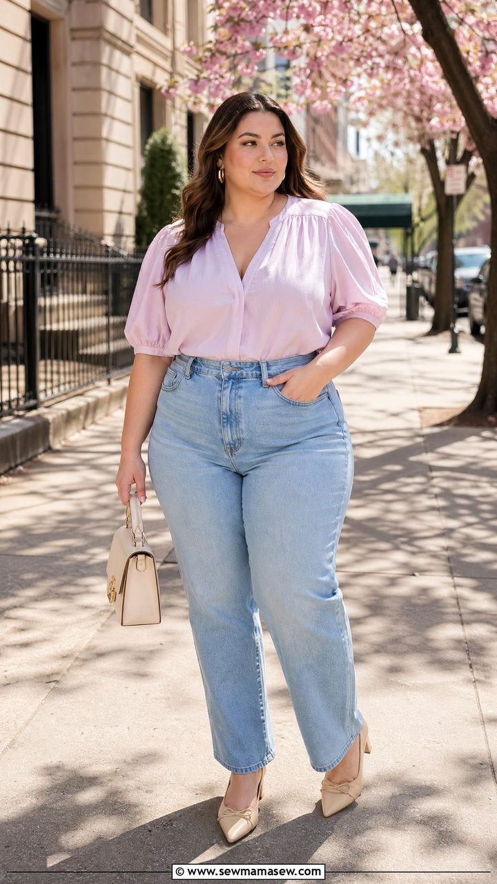 High Waisted Jeans With Puff Sleeve Blouse Outfit - 35 Spring capsule wardrobe plus size