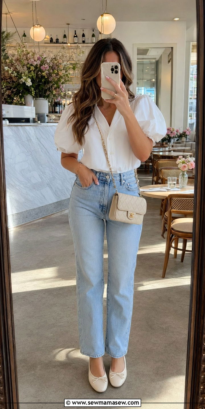 High Waisted Jeans With Puff Sleeve Blouse - 30 What to wear to spring brunch
