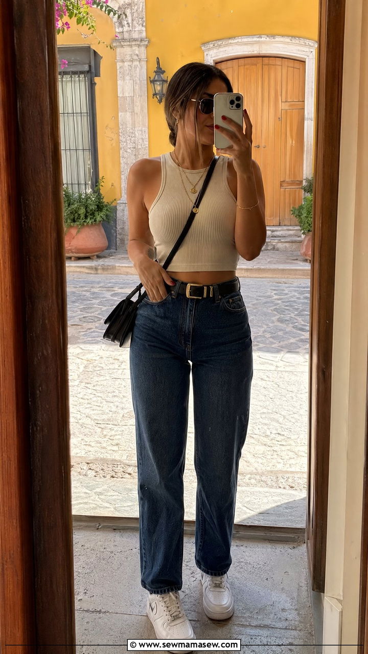 High Waisted Jeans and Crop Top for Sightseeing - 35 Spring Mexico outfit ideas