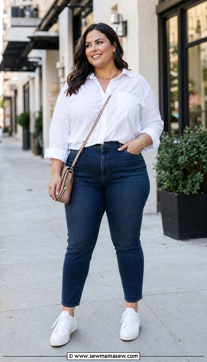 High Waisted Jeans and Structured Blouse Outfit - 35 Plus size mom outfit ideas