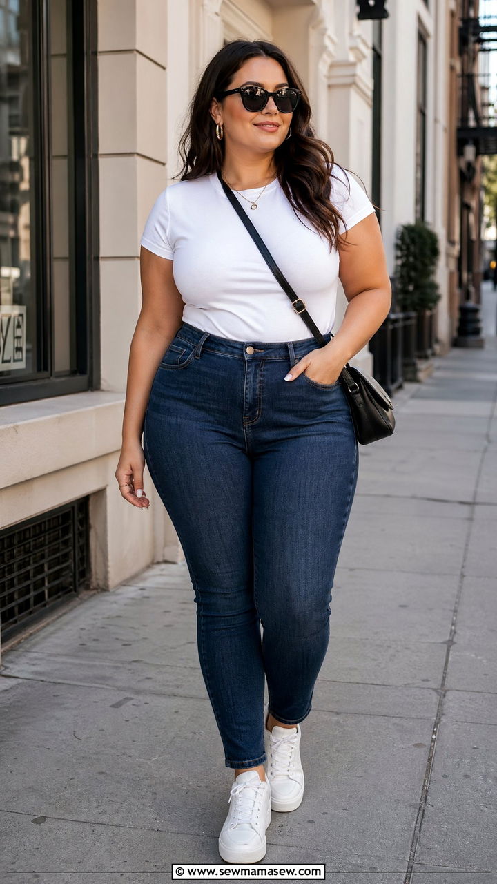 High Waisted Jeans with Fitted Tee and Sneakers - 35 casual outfits for curvy women