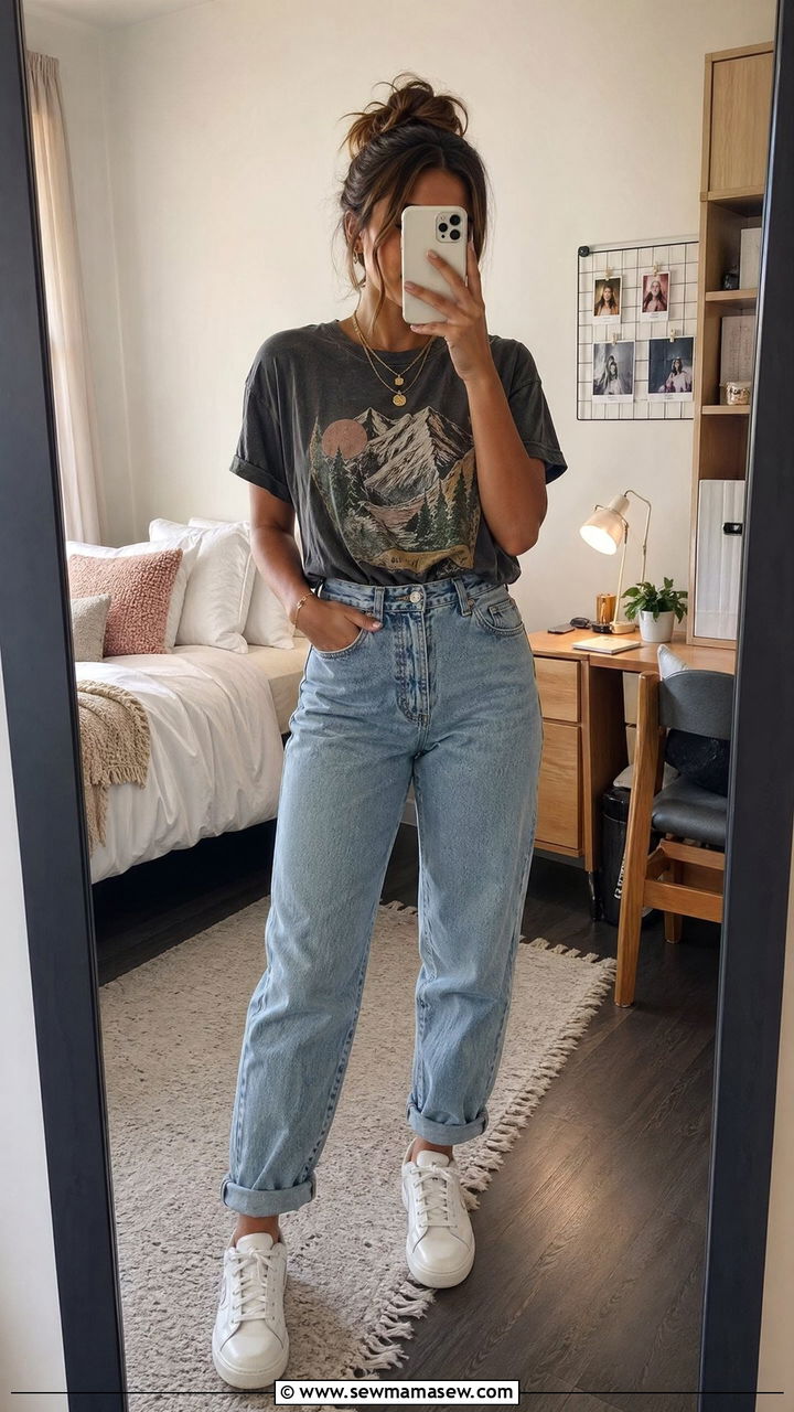 High Waisted Jeans with Graphic Tee and Sneakers - 35 college outfit ideas for women